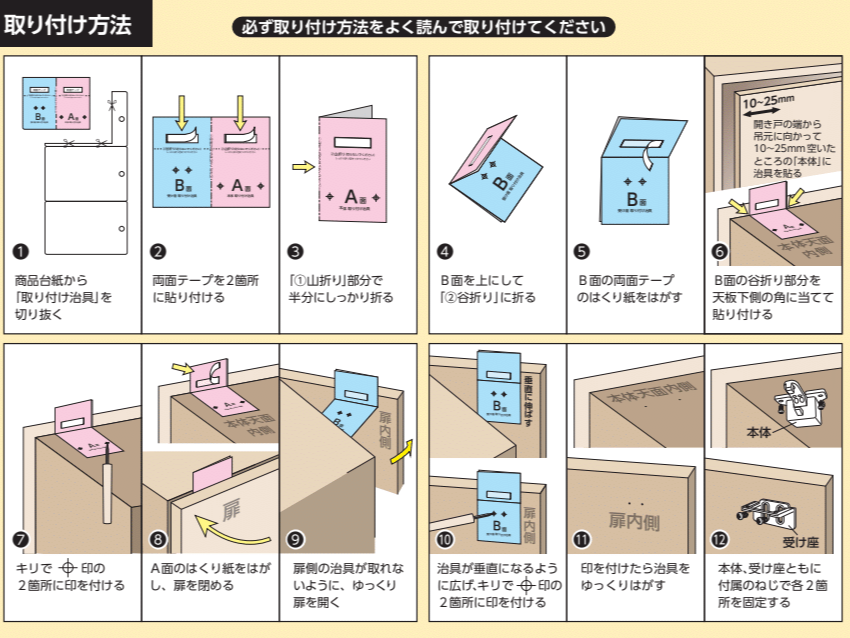 商品台紙から「取り付け治具」を切り抜く

両面テープを2箇所に貼り付ける

「①山折り」部分で半分にしっかり折る

B面を上にして「②谷折り」に折る

B面の両面テープのはくり紙をはがす

B面の谷折り部分を天板下側の角に当てて貼り付ける

（図内注釈：開き戸の端から吊元に向かって10～25mm空いたところの「本体」に治具を貼る / 10~25mm / 本体天面内側）

キリで ⊕ 印の2箇所に印を付ける

A面のはくり紙をはがし、扉を閉める

（図内注釈：本体天面内側 / 扉）

扉側の治具が取れないように、ゆっくり扉を開く

（図内注釈：扉内側）

治具が垂直になるように広げ、キリで ⊕ 印の2箇所に印を付ける

（図内注釈：垂直に伸ばす / 扉内側）

印を付けたら治具をゆっくりはがす

（図内注釈：本体天面内側 / 扉内側）

本体、受け座ともに付属のねじで各2箇所を固定する

（図内注釈：本体 / 受け座）