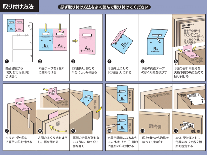 商品台紙から「取り付け治具」を切り抜く。

両面テープを2箇所に貼り付ける。

「①山折り」部分で半分にしっかり折る。

B面を上にして「②谷折り」に折る。

B面の両面テープのはくり紙をはがす。

B面の谷折り部分を天板下側の角に当てて貼り付ける。

キリで ⊕ 印の2箇所に印を付ける。

A面のはくり紙をはがし、扉を閉める。

扉側の治具が取れないように、ゆっくり扉を開く。

治具が垂直になるように広げ、キリで ⊕ 印の2箇所に印を付ける。

印を付けたら治具をゆっくりはがす。

本体、受け座ともに付属のねじで各2箇所を固定する。