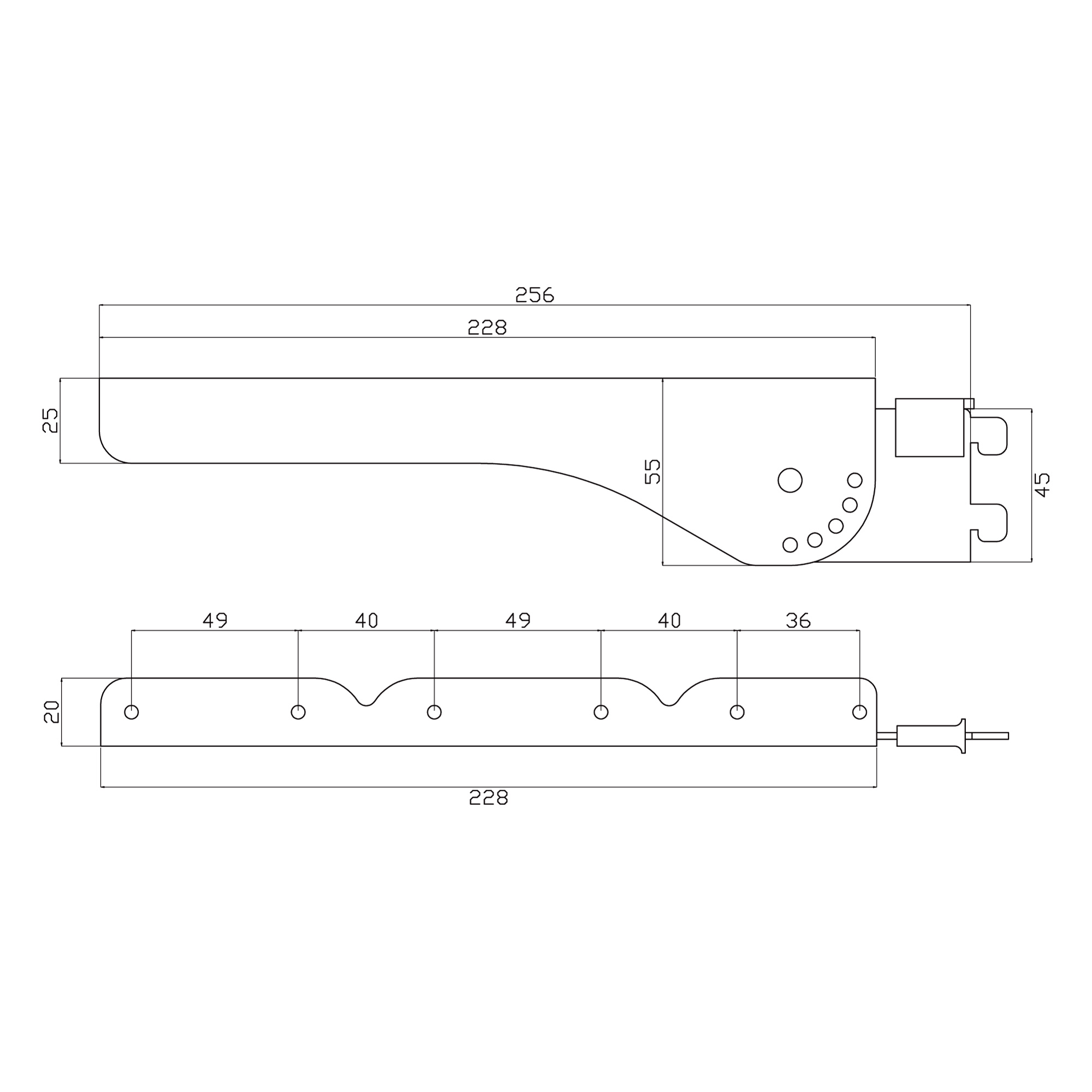 ピラシェルフリー棚受 右用 寸法図