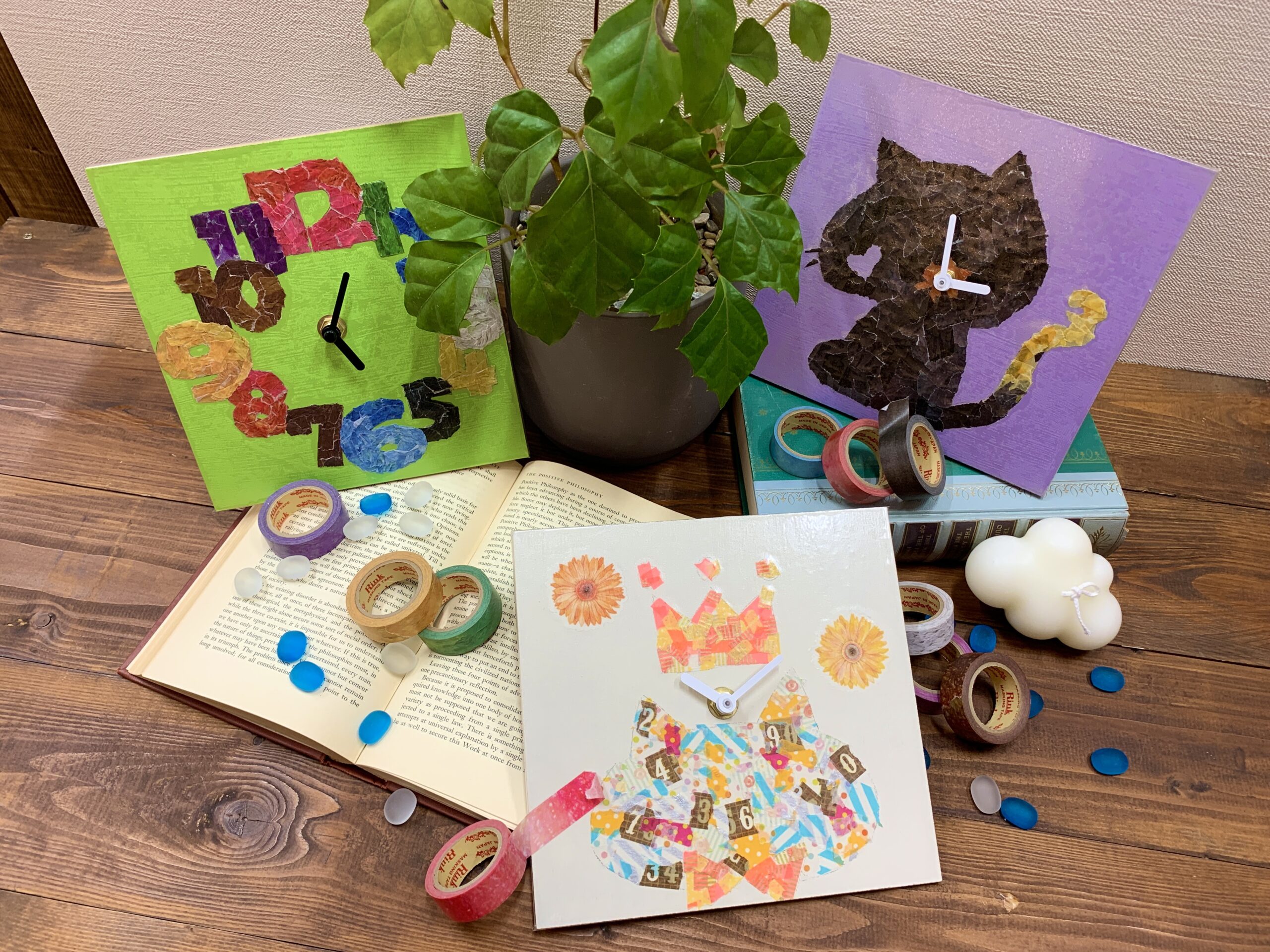 ちぎり絵時計作り