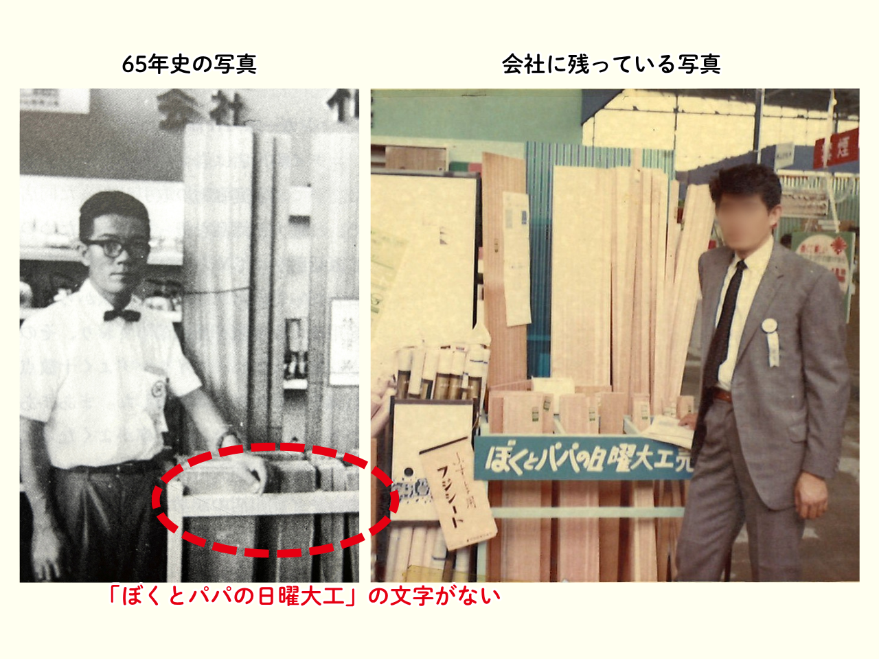 ラワン材の横に立つ和気博史氏の写真とラワン材の横に立つ社員さんの写真の比較